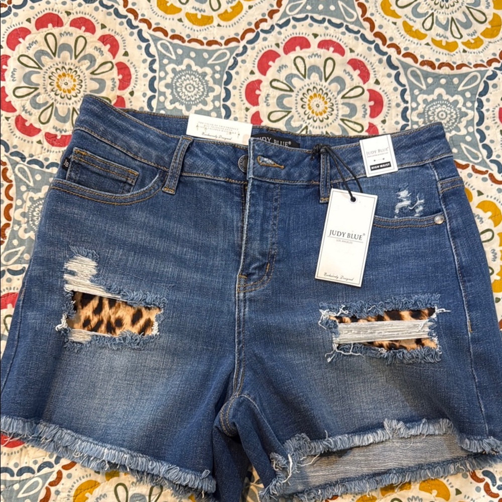 Judy Blue Blue Jean Shorts with Distressed & leopard patched holes